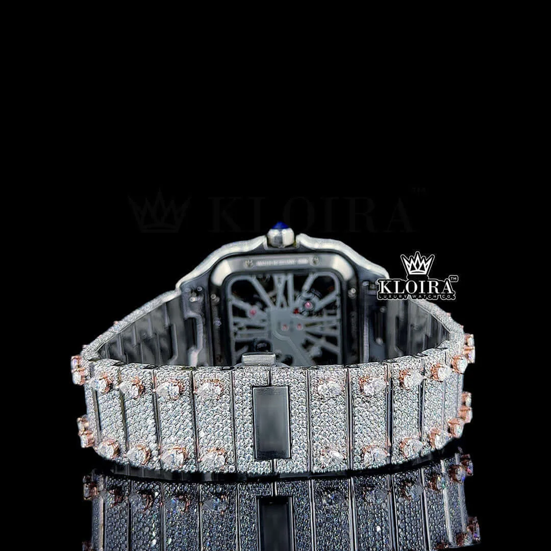 Rose Gold Skeleton Dial Two Tone Diamond Bar Strap Moissanite Watch Caseback View