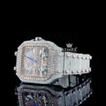 Rose Gold Skeleton Dial Two Tone Diamond Bar Strap Moissanite Watch Close Up Front View