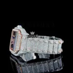 Rose Gold Skeleton Dial Two Tone Diamond Bar Strap Moissanite Watch Left Profile View
