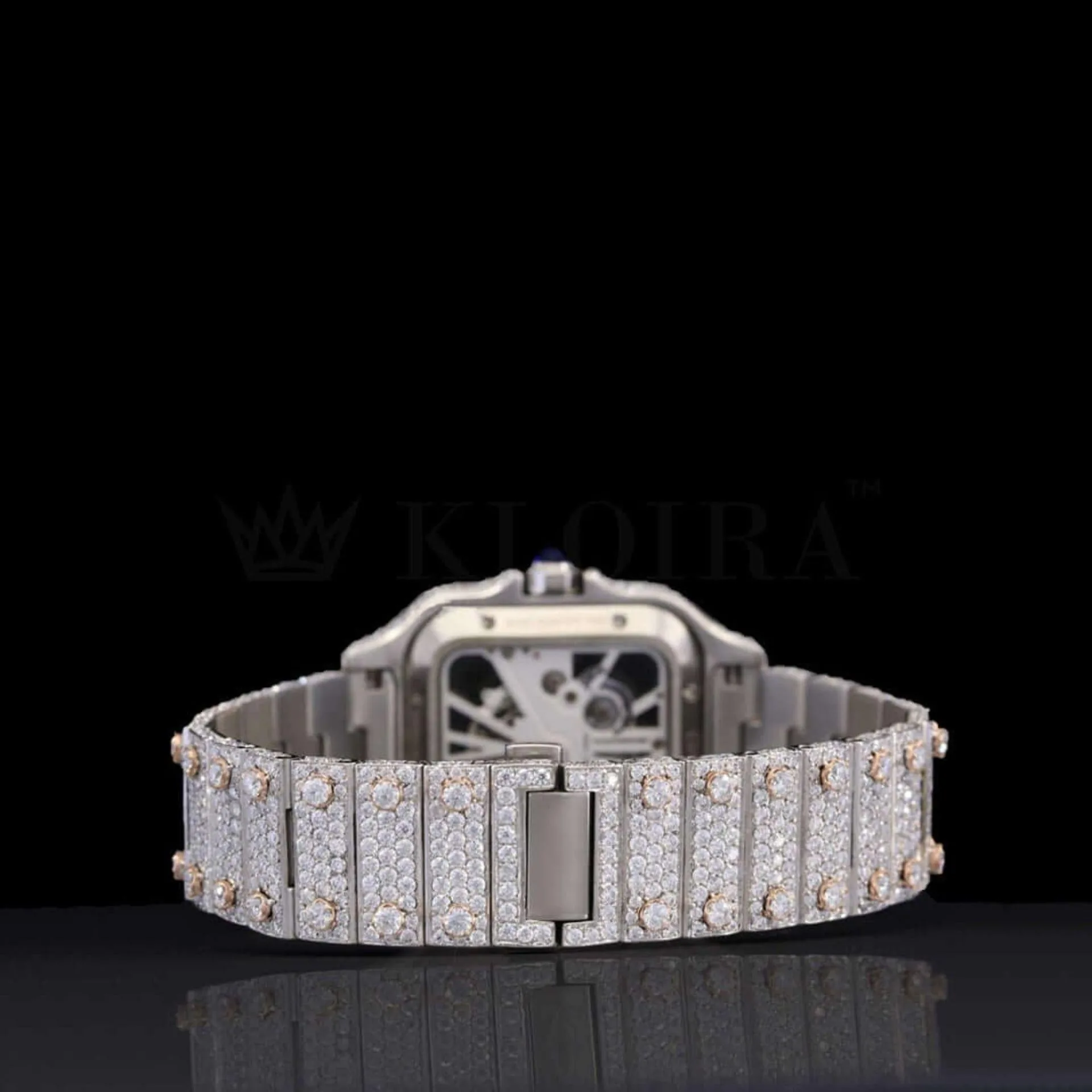 Rose Gold Skeleton Dial Two Tone Iced Out Natural Diamond Watch Caseback View