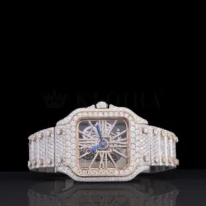 Cartior Rose Gold Skeleton Dial Two Tone Iced Out Watch