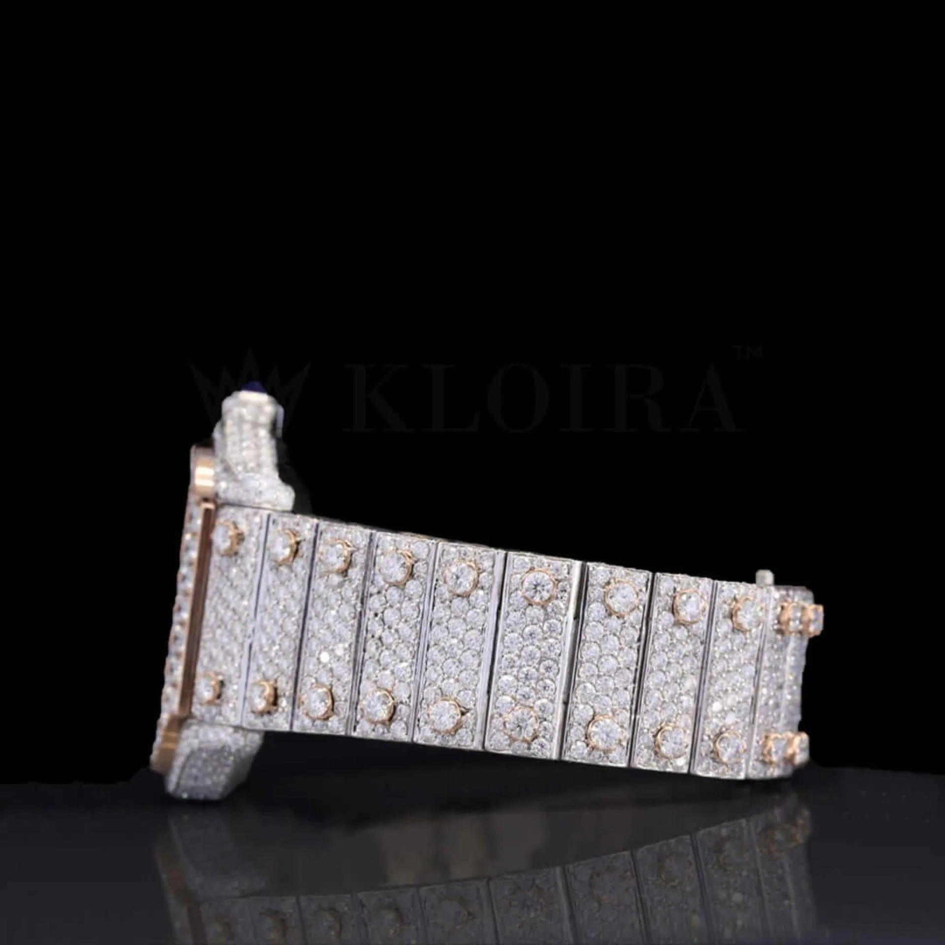 Rose Gold Skeleton Dial Two Tone Iced Out Natural Diamond Watch Left Profile View