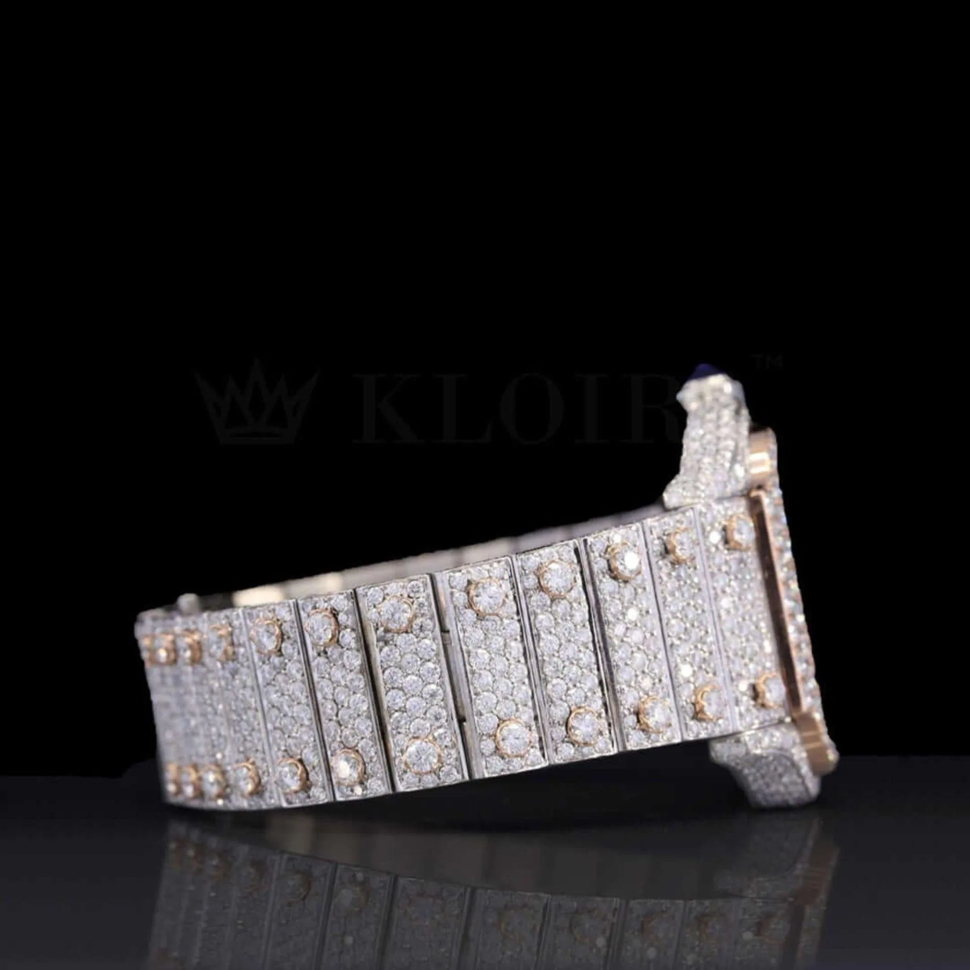 Rose Gold Skeleton Dial Two Tone Iced Out Natural Diamond Watch Right Profile View