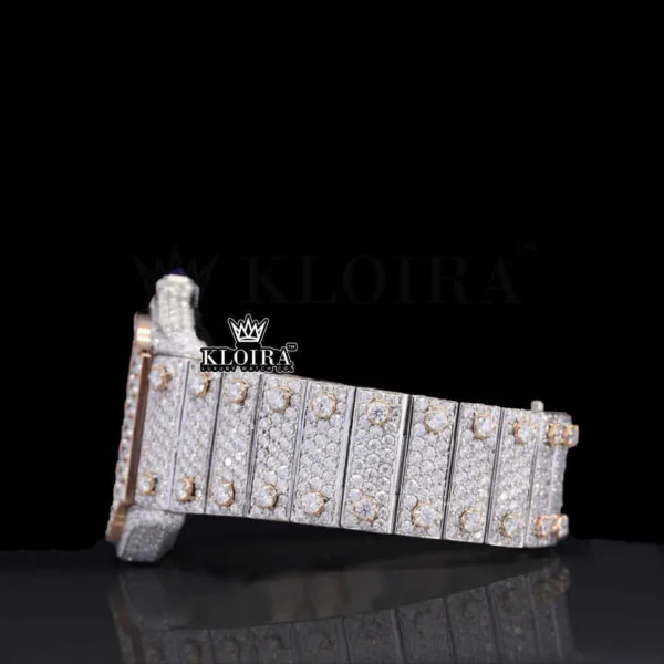 Rose Gold Skeleton Dial Two Tone Moissanite Diamond Watch Left Side View