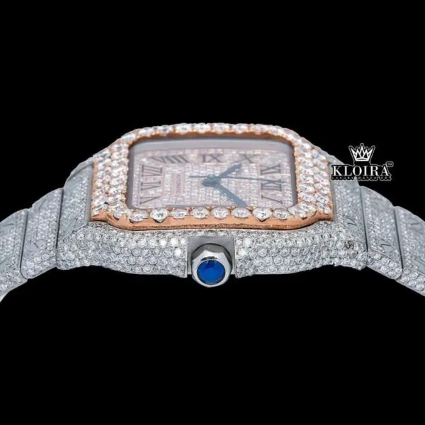 Rose Gold Square Roman Dial Two Tone Moissanite Watch Crown View