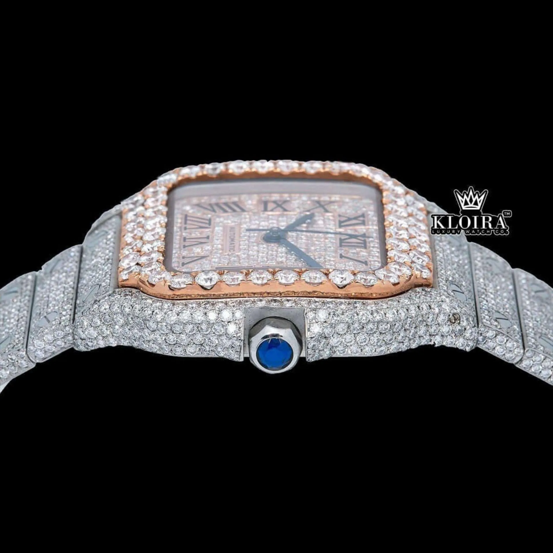Rose Gold Square Roman Dial Two Tone Moissanite Watch Crown View