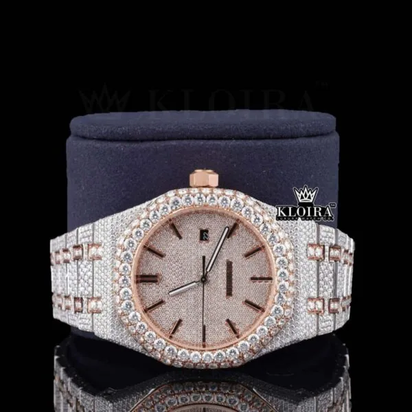 Rose Gold Stick Markers Iced Out AP Moissanite Diamond Watch Close Up Front View