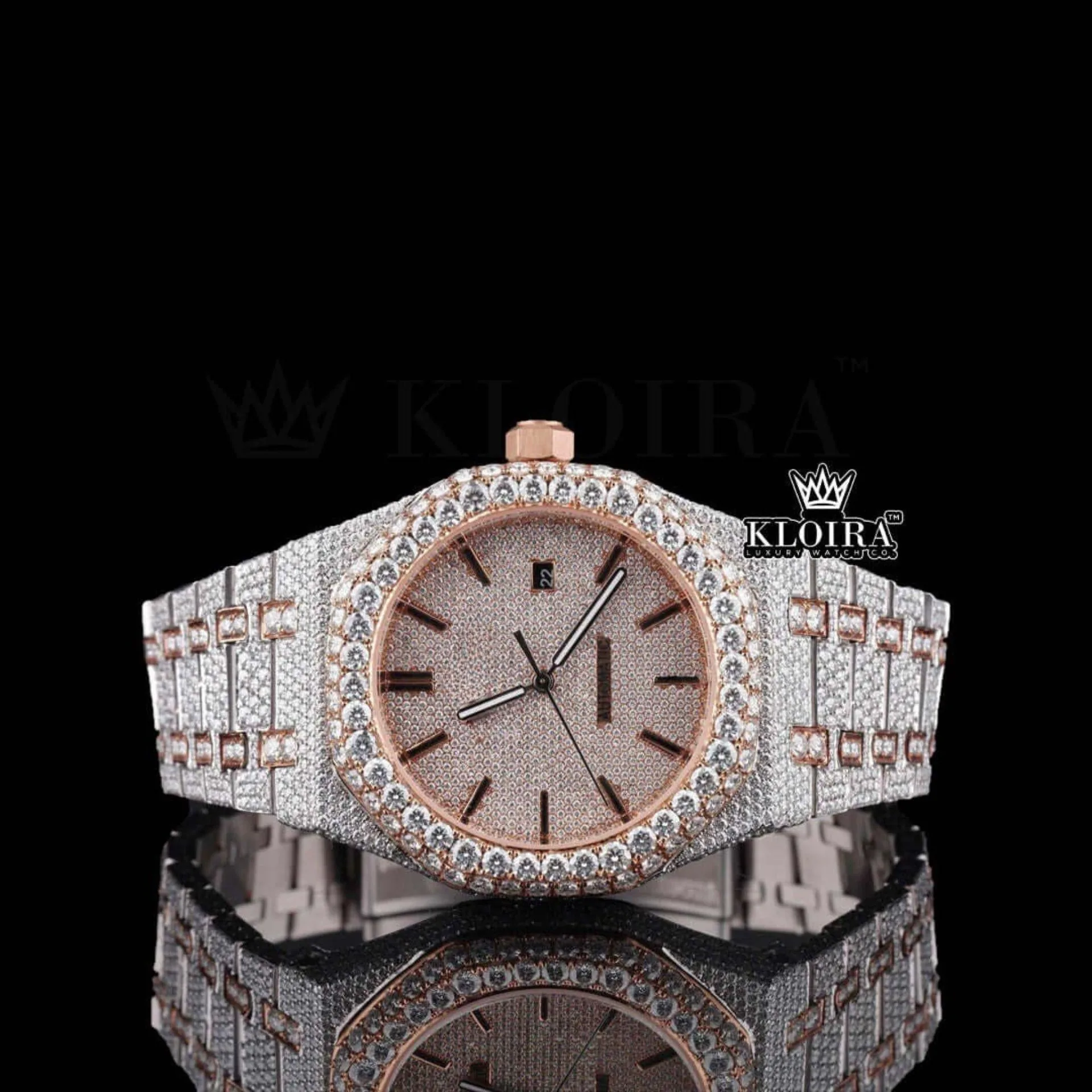 AP Rose Gold Stick Markers Moissanite Watch with Iced Out Design