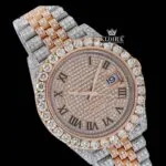 Rose Gold Two Tone Dial Black Roman Numerals Moissanite Diamond Watch Close Up Dial View