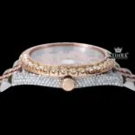 Rose Gold Two Tone Dial Black Roman Numerals Moissanite Diamond Watch Crown View