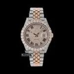 Roles Rose Gold Moissanite Diamond Watch with Black Roman Numerals Front View