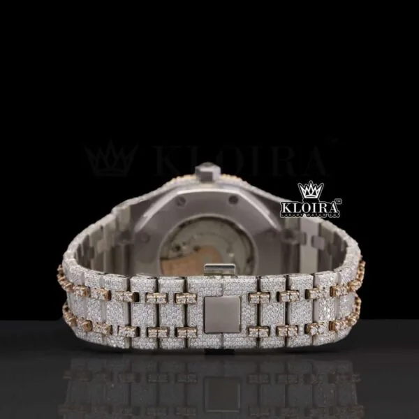 Rose Gold Two Tone Fully Iced Out Moissanite Diamond Watch Caseback View