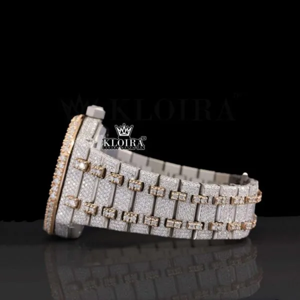Rose Gold Two Tone Fully Iced Out Moissanite Diamond Watch Left Side View