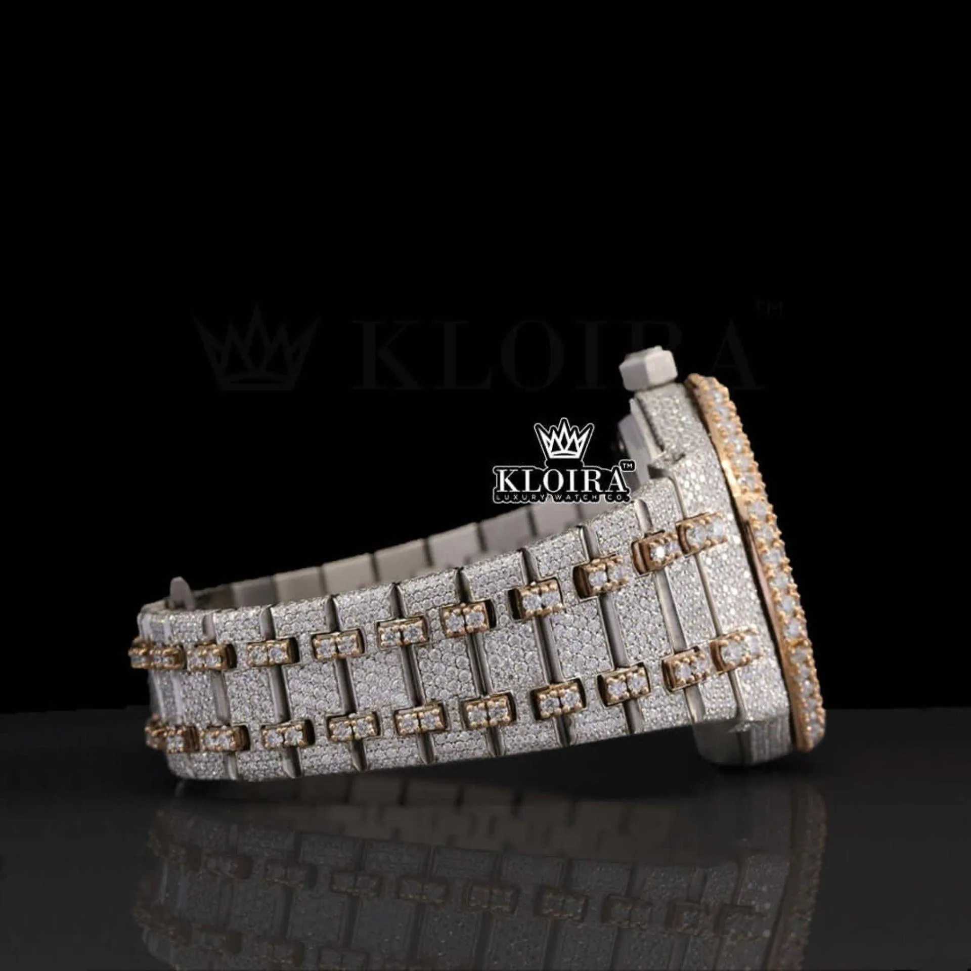 Rose Gold Two Tone Fully Iced Out Moissanite Diamond Watch Right Side View
