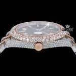 Rose Gold Two Tone Iced Out Brown Dial Moissanite Diamond Watch Crown View
