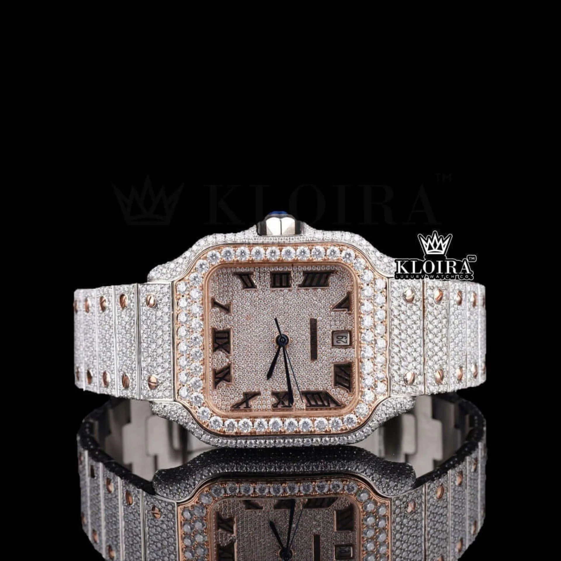 Cartior Rose Gold Two Tone Roman Numerals Moissanite Watch with sparkling details