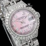 Rose Pink Dial Diamond Markers Moissanite Diamond Watch Close Up Dial View