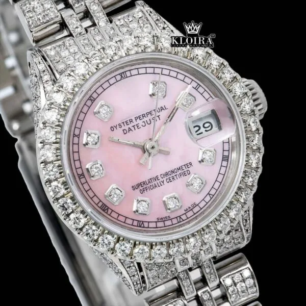 Rose Pink Dial Diamond Markers Moissanite Diamond Watch Close Up Dial View