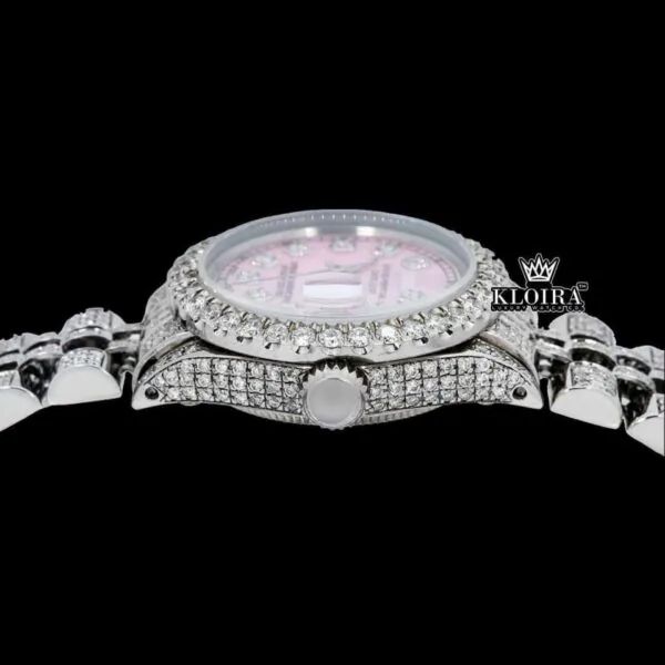 Rose Pink Dial Diamond Markers Moissanite Diamond Watch Crown View