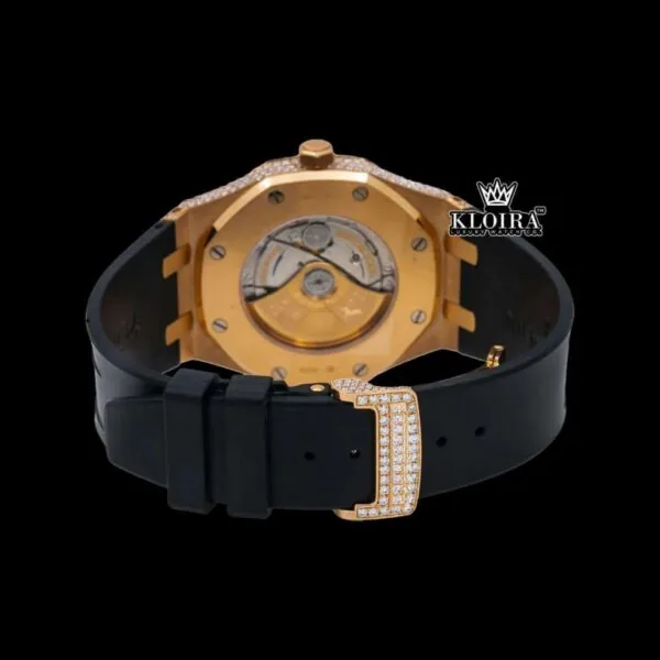 RRose Gold Dial Stick Markers Rubber Strap Fully Iced Out Moissanite Watch Caseback View