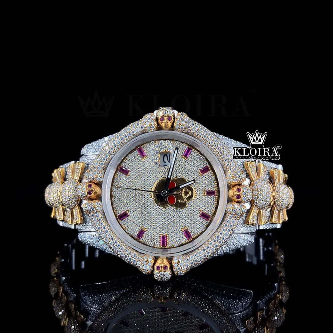 Roles Ruby Markers Skull Dial Moissanite Watch with white dial and gold accents