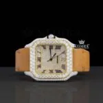 Cartior Semi Iced Out Moissanite Watch with Brown Leather Strap and Roman Numerals