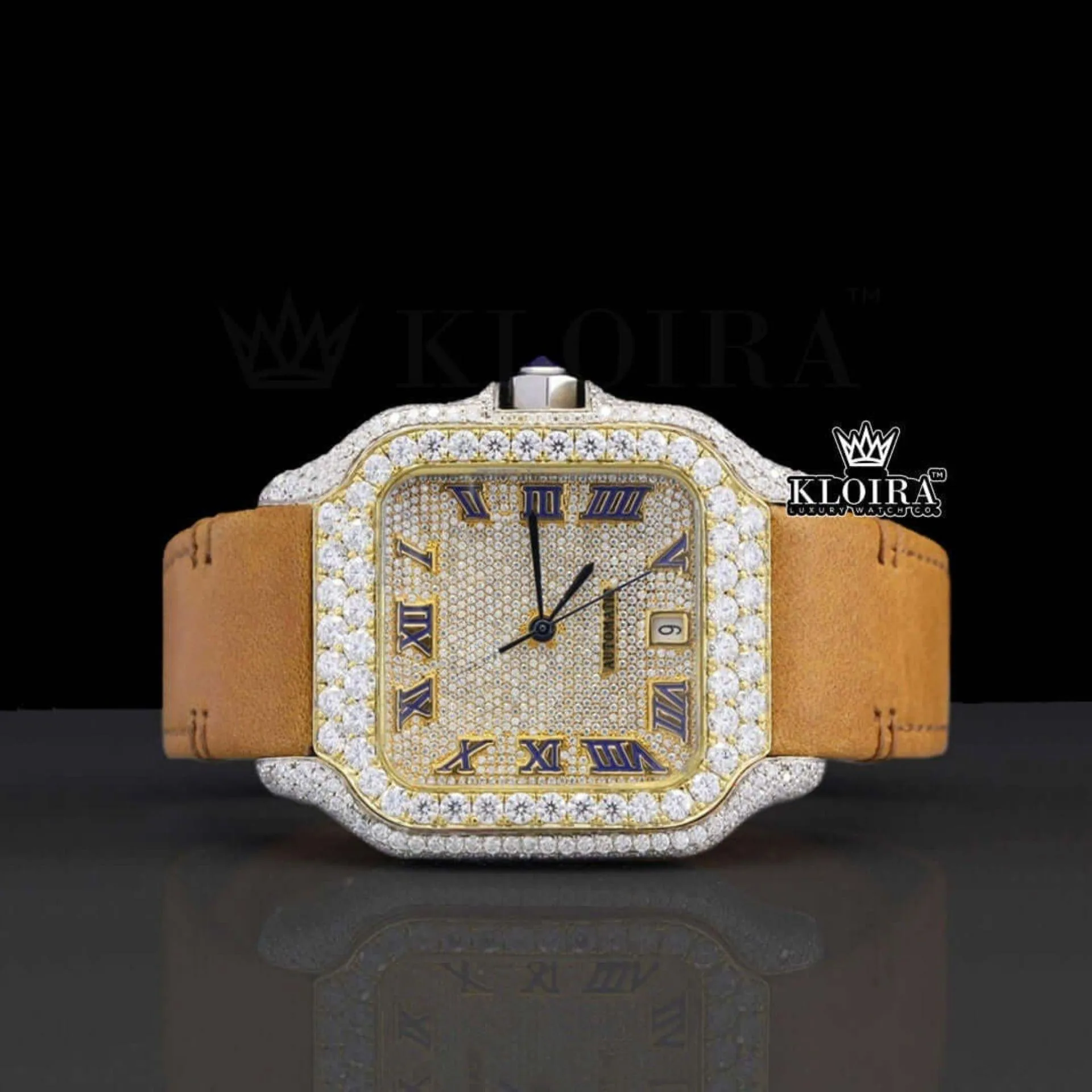 Cartior Semi Iced Out Moissanite Watch with Brown Leather Strap and Roman Numerals