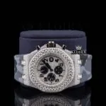 Semi Iced Out White Dial Standard Numerals Chronograph Moissanite Watch Close Up Front View