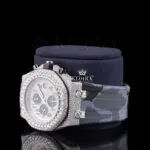 Semi Iced Out White Dial Standard Numerals Chronograph Moissanite Watch Left Profile View