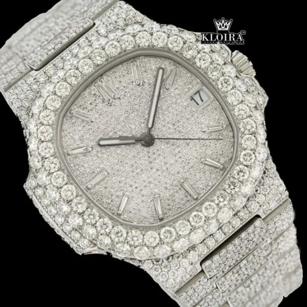 Silver Dial Diamond Markers Fully Iced Moissanite Diamond Watch Close Up Dial View