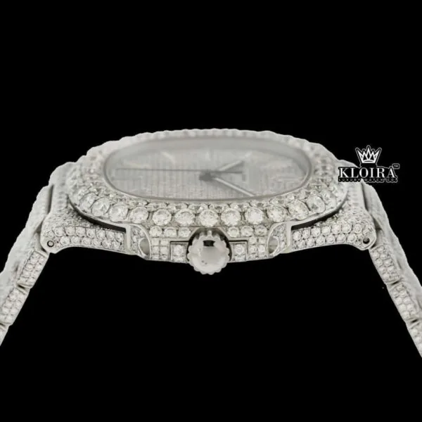 Silver Dial Diamond Markers Fully Iced Moissanite Diamond Watch Crown View