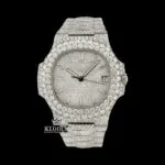 Patik Philippe Nautilus Moissanite Diamond Watch with Silver Dial and Iced-Out Design