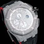 Silver Iced Out Chronograph Black Leather Strap Moissanite Diamond Watch Close Up Dial View