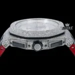 Silver Iced Out Chronograph Black Leather Strap Moissanite Diamond Watch Crown View