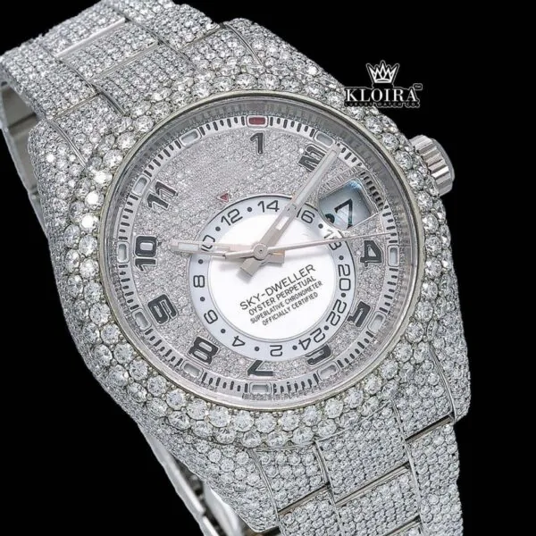 Silver Iced Out Standard Numerals Moissanite Diamond Watch Close Up Dial View