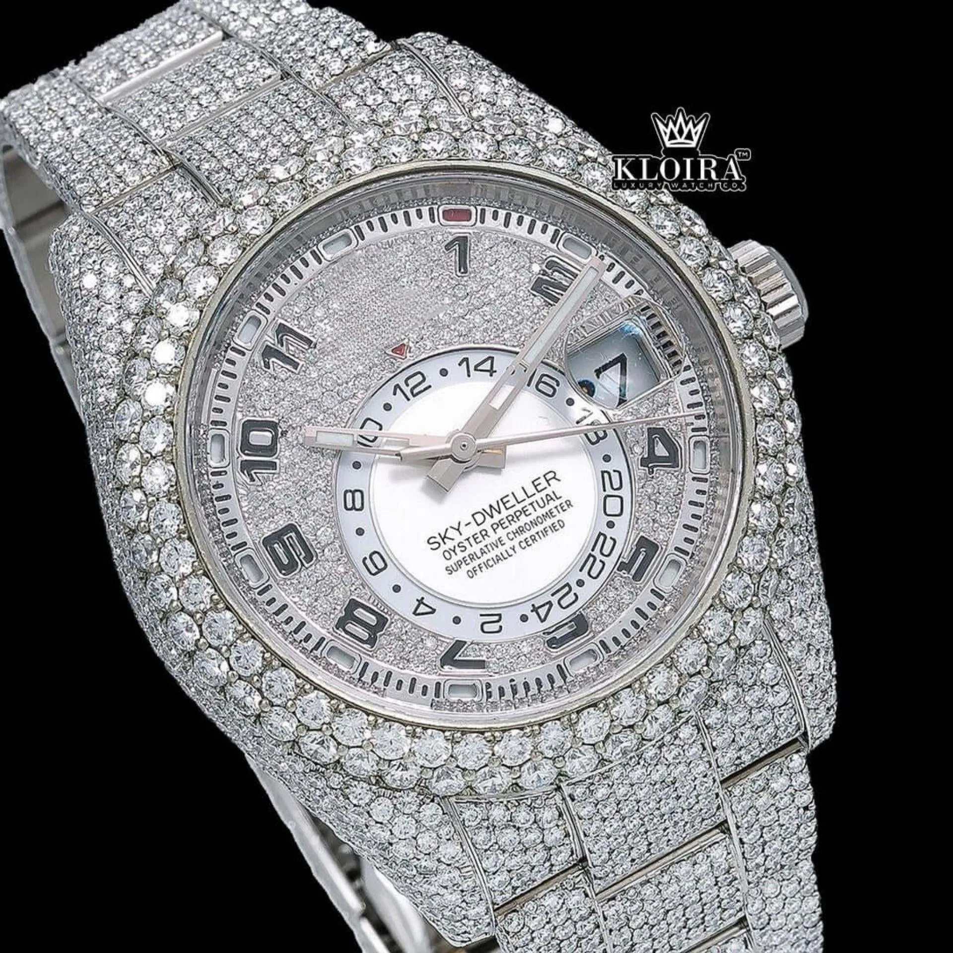 Silver Iced Out Standard Numerals Moissanite Diamond Watch Close Up Dial View