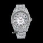 Roles Silver Iced Out Moissanite Diamond Watch with White Dial and Gold Accents
