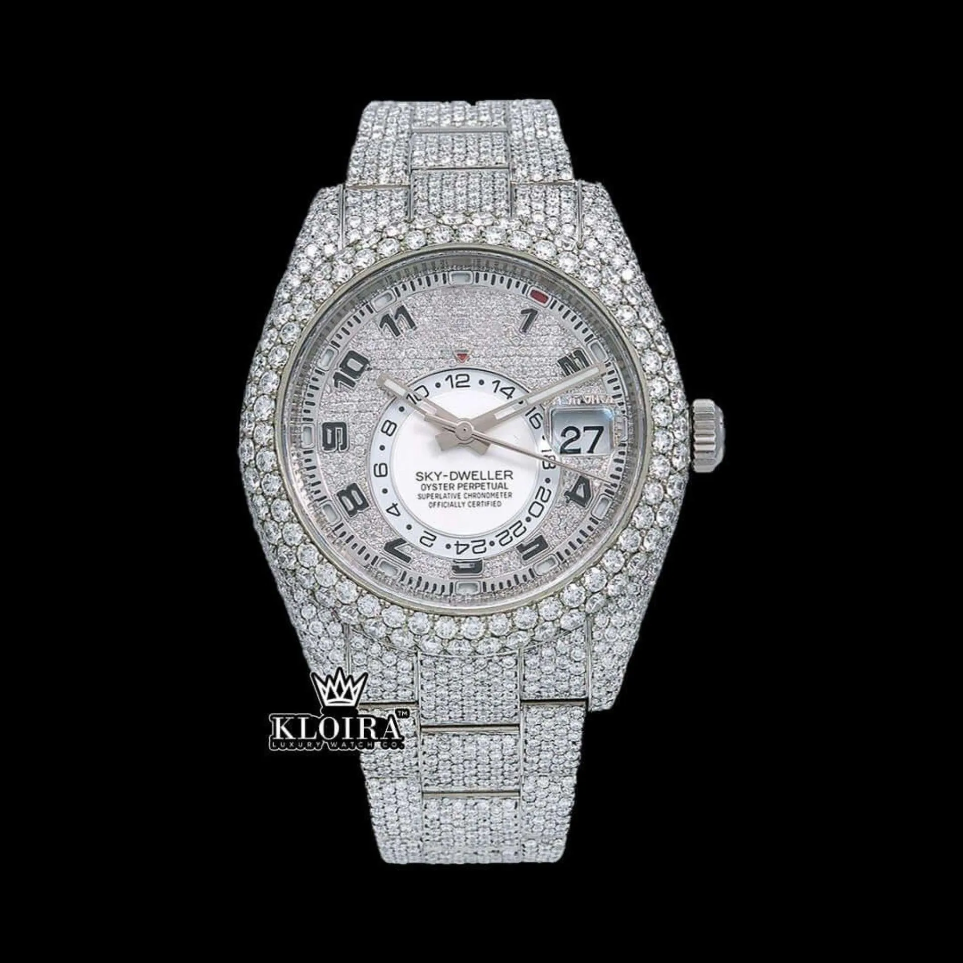 Roles Silver Iced Out Moissanite Diamond Watch with White Dial and Gold Accents