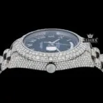 Silver Roman Numerals Black Dial Iced Out Moissanite Diamond Watch Crown View