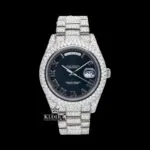 Roles Silver Roman Numerals Black Dial Iced Out Moissanite Watch with Diamonds