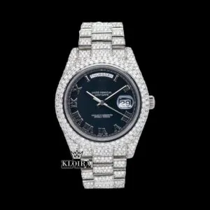 Roles Silver Roman Numerals Black Dial Iced Out Moissanite Watch