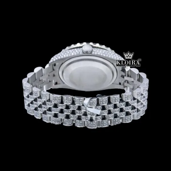Silver Roman Numerals Black Pearl Dial Moissanite Diamond Watch Caseback View