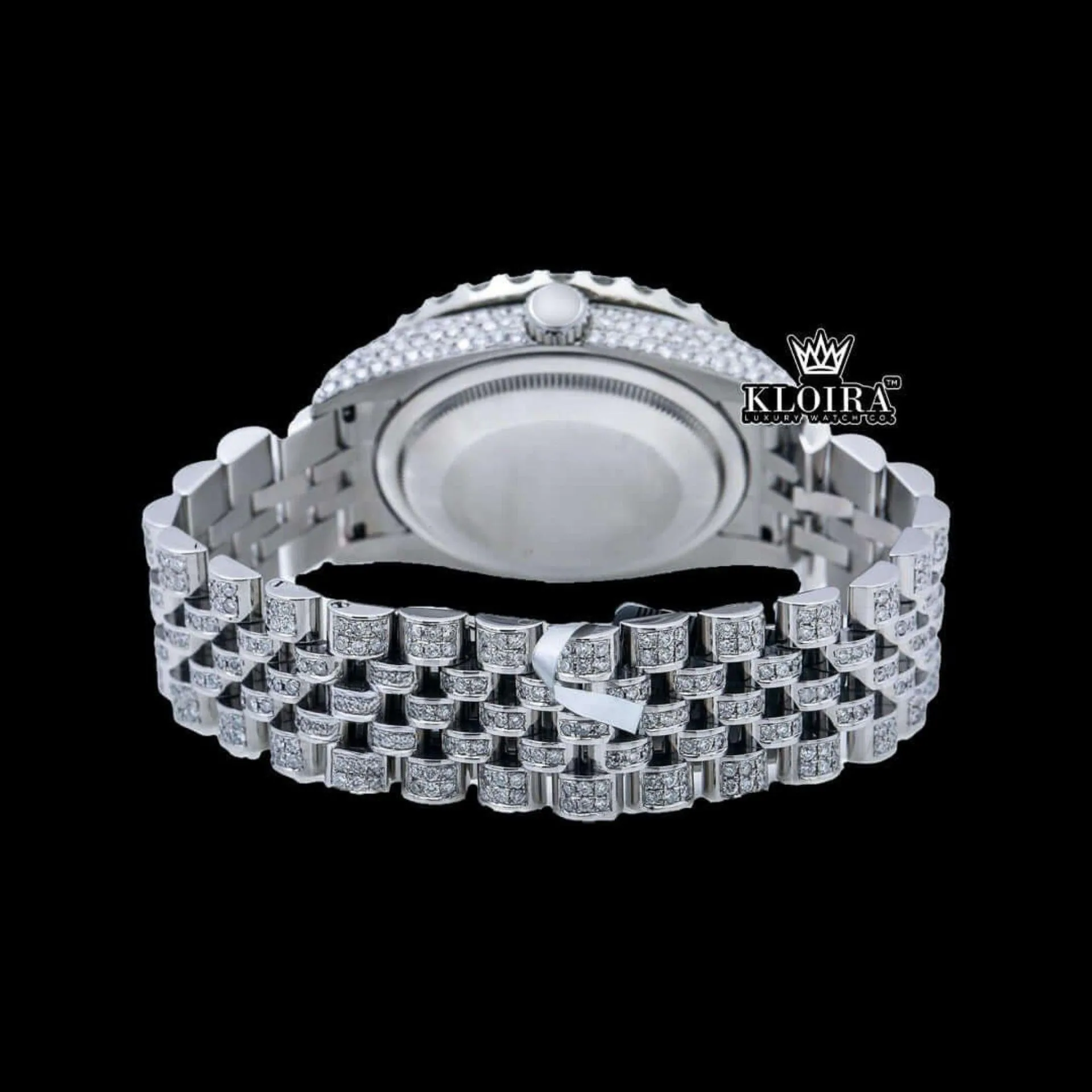 Silver Roman Numerals Black Pearl Dial Moissanite Diamond Watch Caseback View