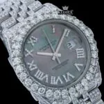 Silver Roman Numerals Black Pearl Dial Moissanite Diamond Watch Close Up Dial View