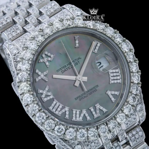 Silver Roman Numerals Black Pearl Dial Moissanite Diamond Watch Close Up Dial View