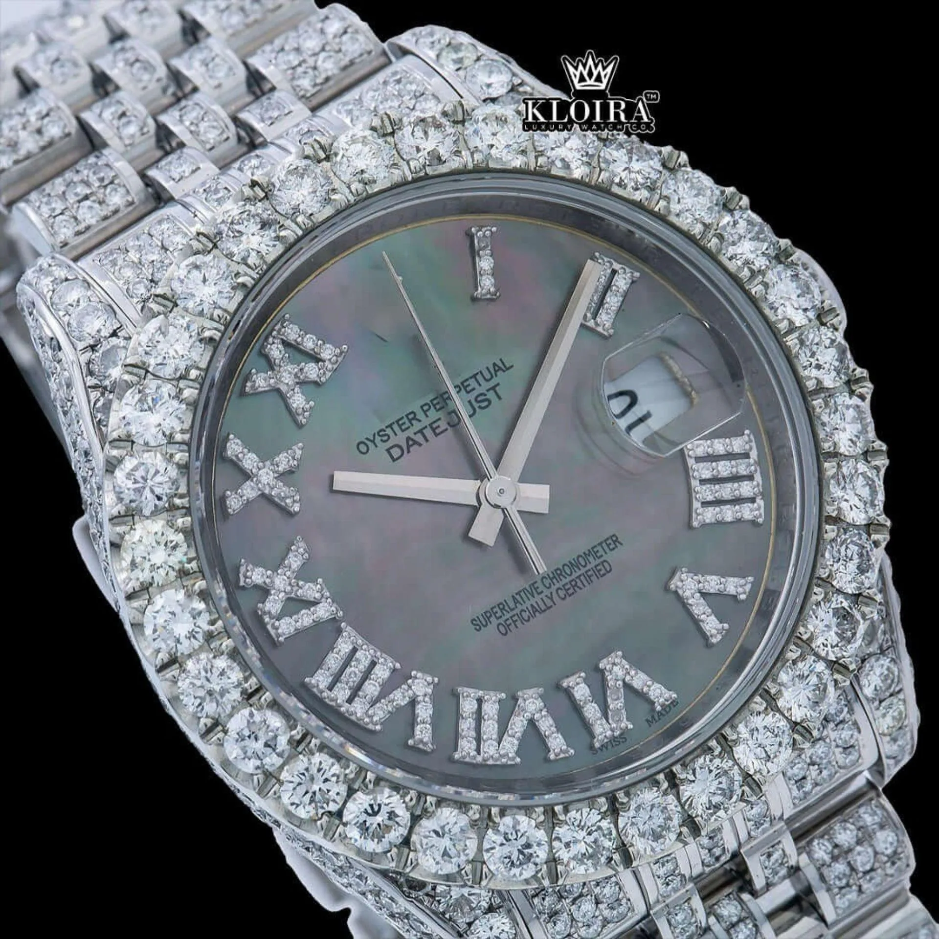 Silver Roman Numerals Black Pearl Dial Moissanite Diamond Watch Close Up Dial View