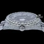Silver Roman Numerals Black Pearl Dial Moissanite Diamond Watch Crown View