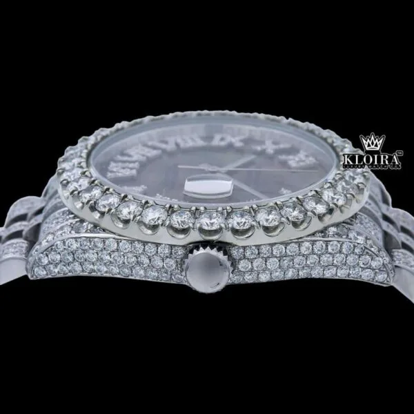 Silver Roman Numerals Black Pearl Dial Moissanite Diamond Watch Crown View