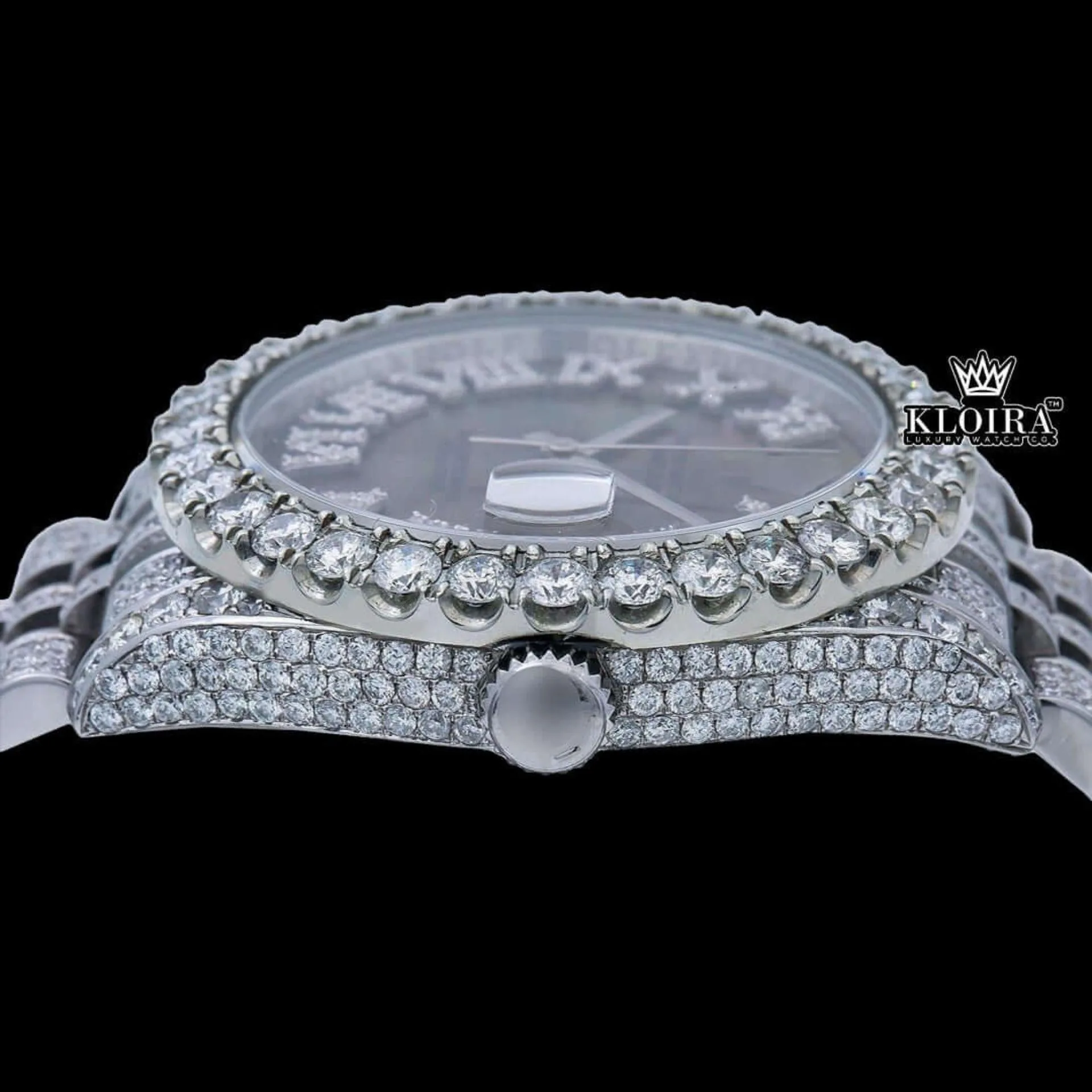Silver Roman Numerals Black Pearl Dial Moissanite Diamond Watch Crown View
