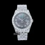 Roles Silver Roman Numerals Black Pearl Dial Moissanite Watch with sparkling diamonds and elegant design